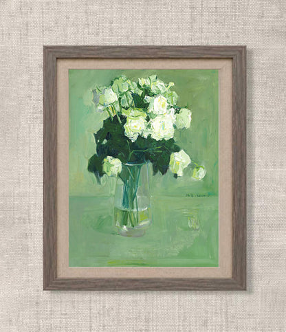 White Roses on Green Ground | Original Oil Painting
