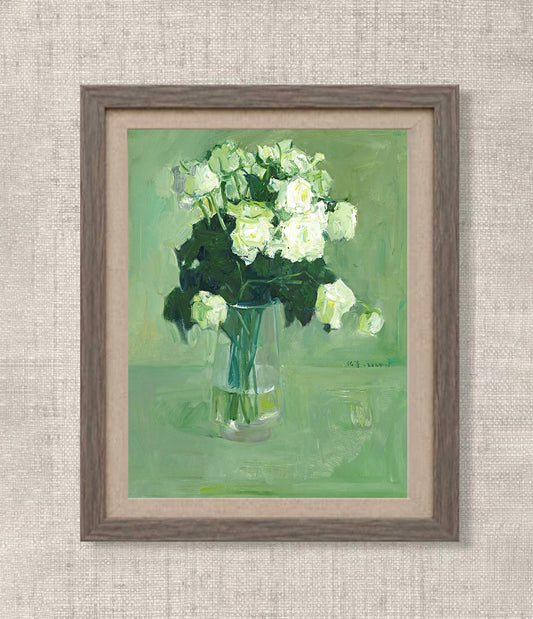 White Roses on Green Ground | Original Oil Painting