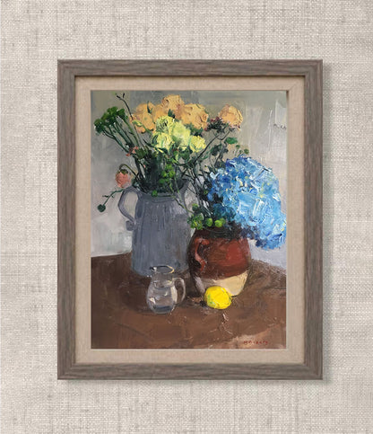 Still Life with Hydrangea, Flowers and Lemon | Original Oil Painting