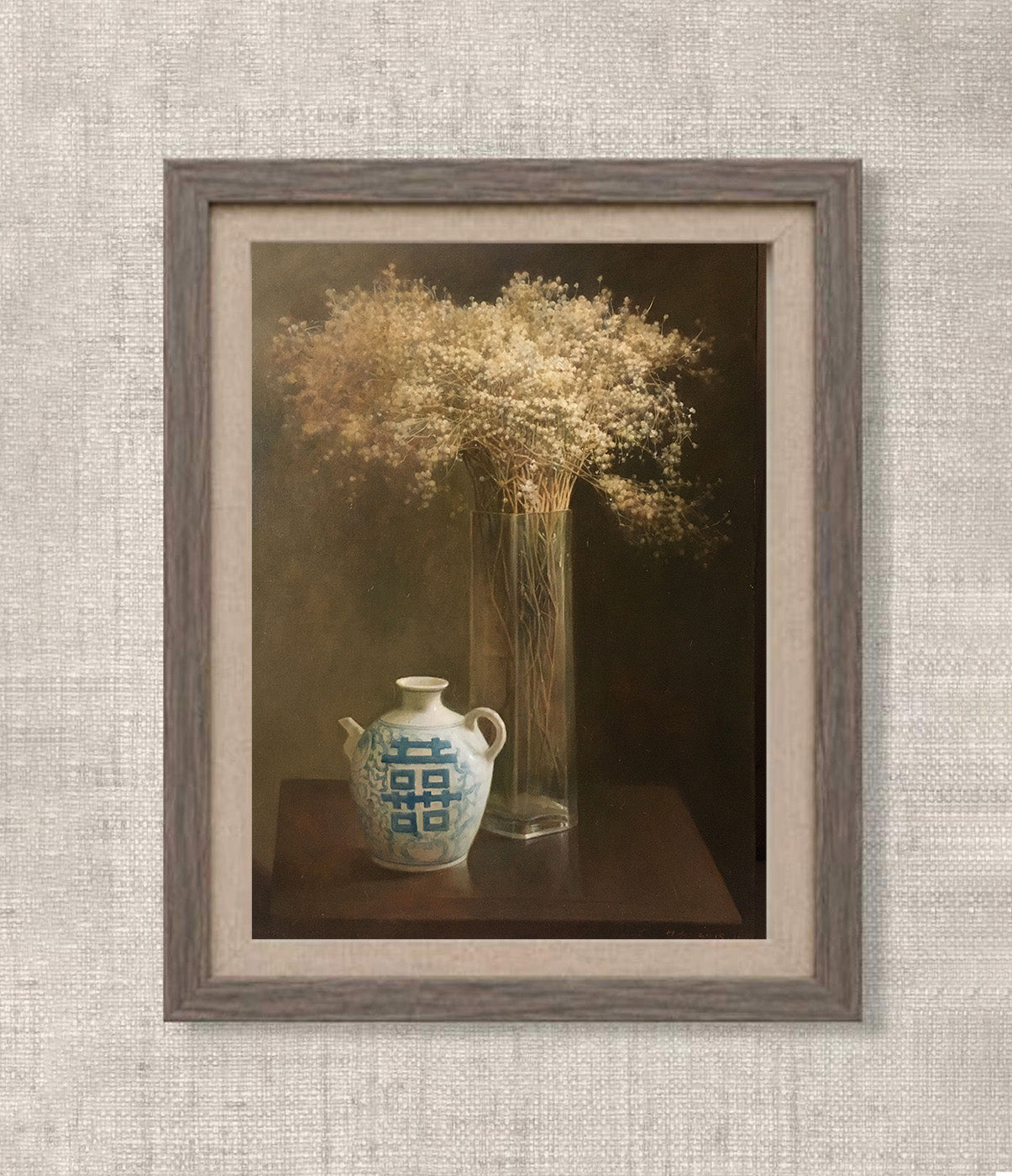 Original Baby’s Breath Still Life Oil Painting – Oriental Vase Floral Wall Art