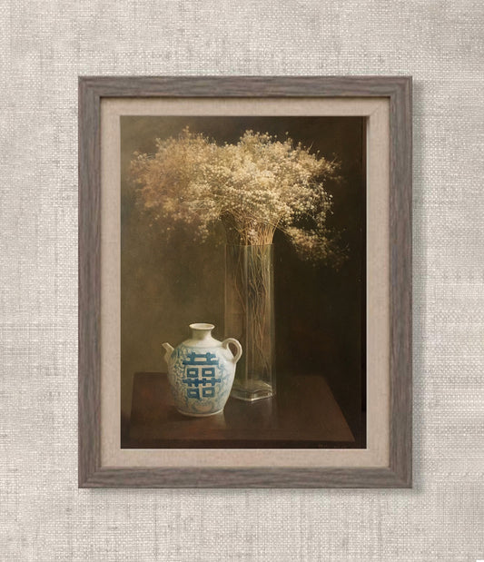 Original Baby’s Breath Still Life Oil Painting – Oriental Vase Floral Wall Art