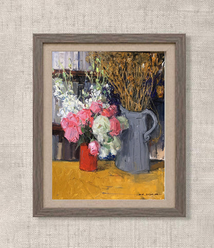 Pink and White Flowers with Gray Pitcher | Original Floral Still Life Oil Painting