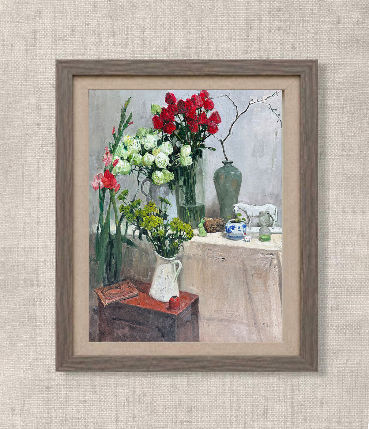 Original Floral Still Life Oil Painting – Flowers and Interior Objects Wall Art