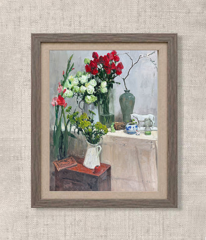 Original Floral Still Life Oil Painting – Flowers and Interior Objects Wall Art