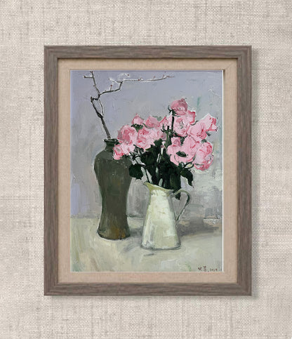 Original Pink Rose Still Life Oil Painting – Floral Vase Interior Art