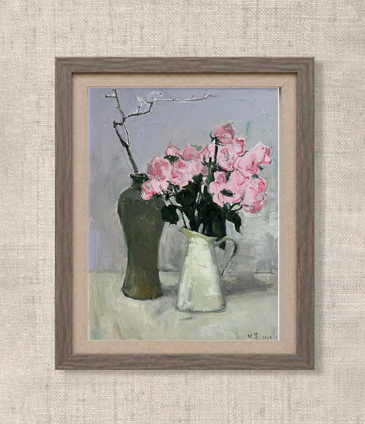 Original Pink Rose Still Life Oil Painting – Floral Vase Interior Art