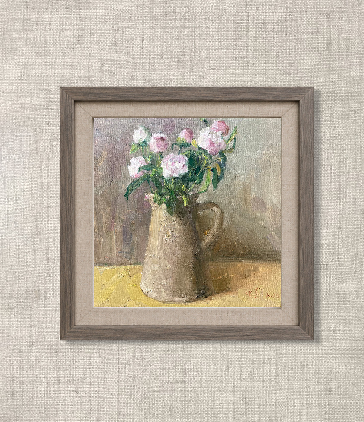 Original Still Life Oil Painting with Pink Peonies and Ceramic Pitcher