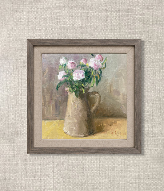 Original Still Life Oil Painting with Pink Peonies and Ceramic Pitcher