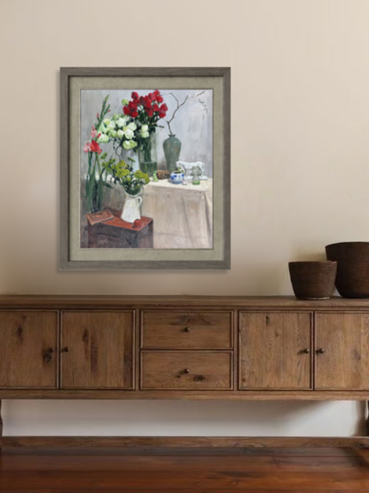 Original Floral Still Life Oil Painting – Flowers and Interior Objects Wall Art