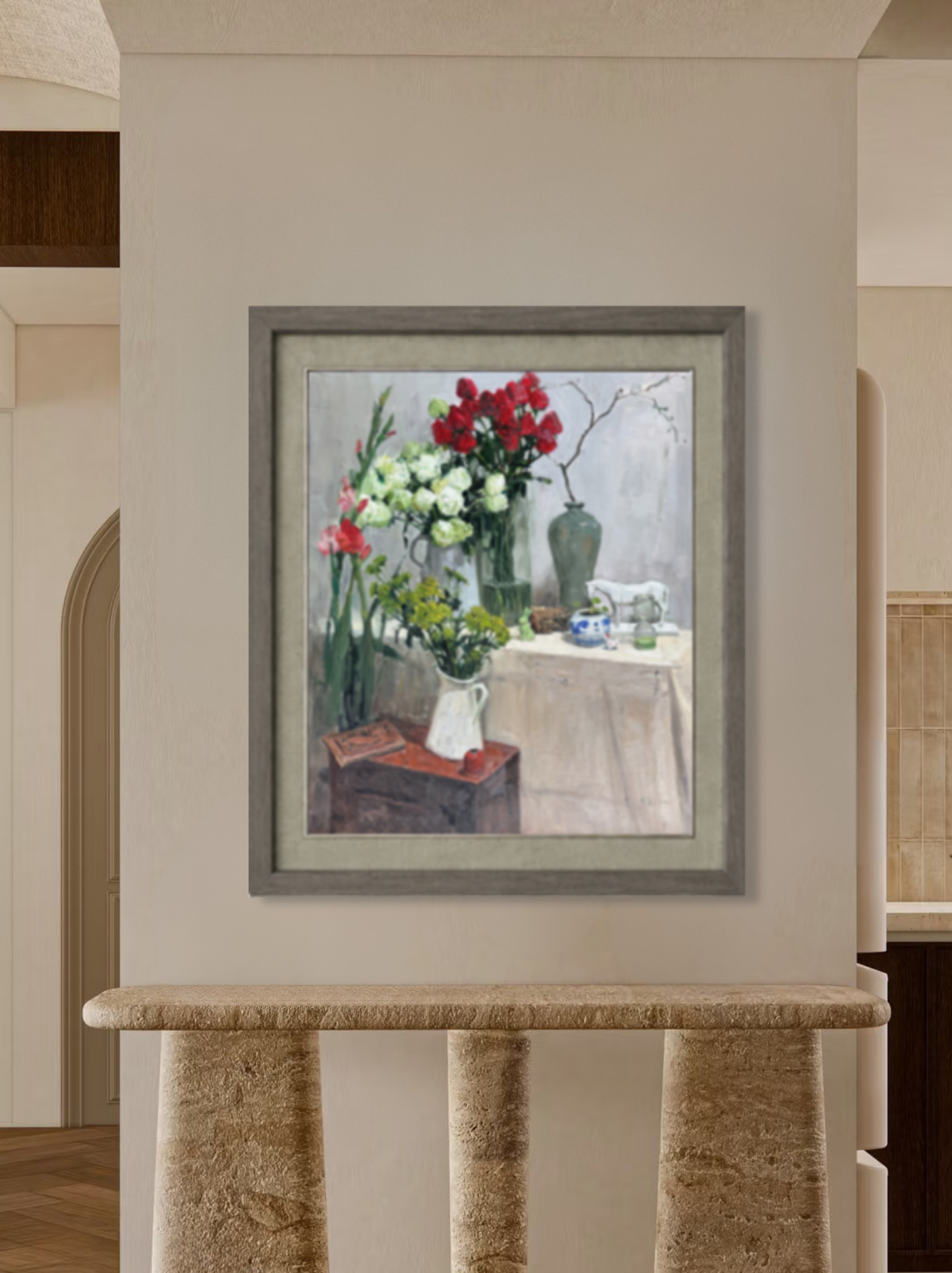 Original Floral Still Life Oil Painting – Flowers and Interior Objects Wall Art