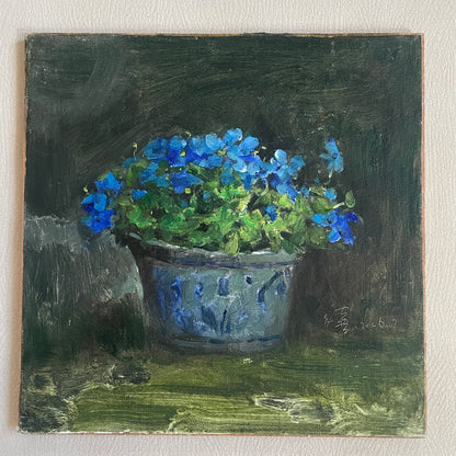 Blue Flowers in a Ceramic Pot – Original Floral Oil Painting