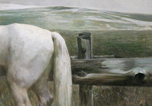 White Horse by the Fence | Original Pastoral Oil Painting