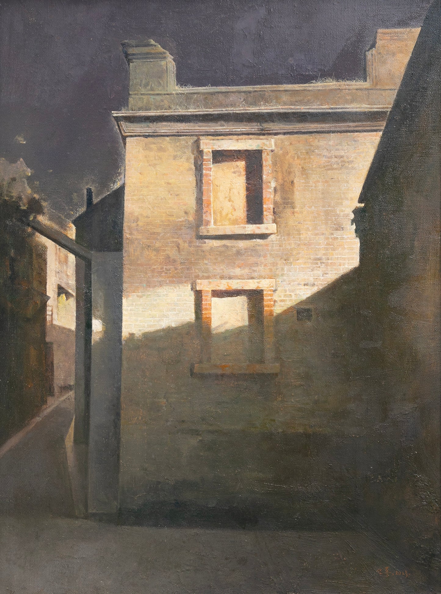 Original Oil Painting of Sunlit Building – Architectural Light and Shadow Wall Art