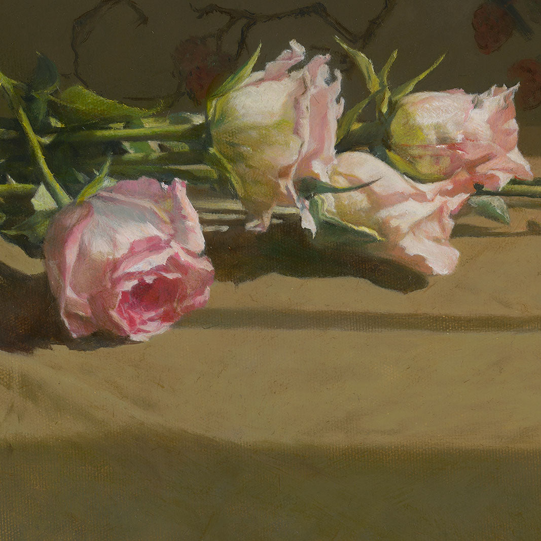 Roses with Bird Motif | Original Still Life Oil Painting