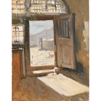 Original Oil Painting of a Sunlit Doorway – Interior Landscape Wall Art