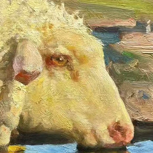 Original Oil Painting of Sheep Drinking Water – Pastoral Animal Wall Art