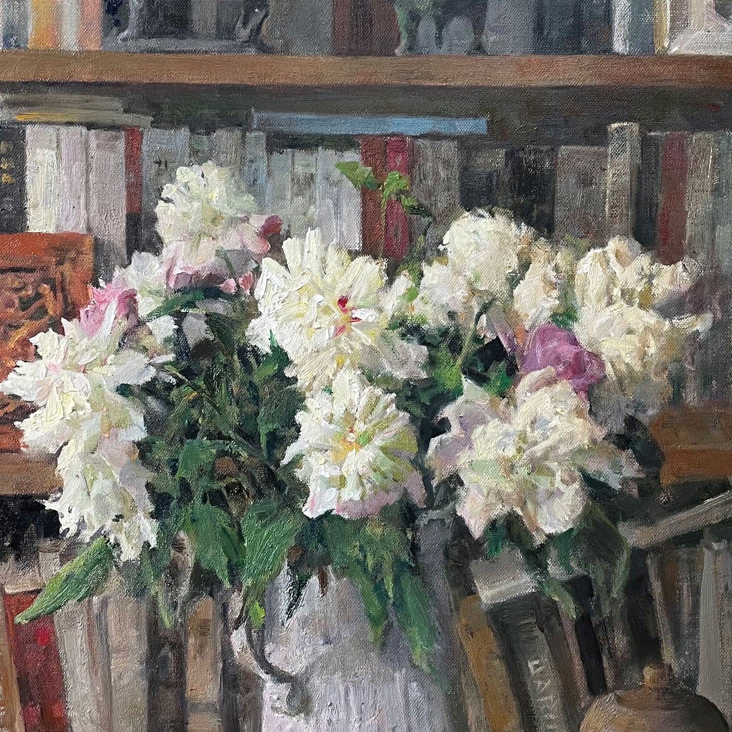 Original Floral Still Life Oil Painting – Flowers with Bookshelf Interior Wall Art
