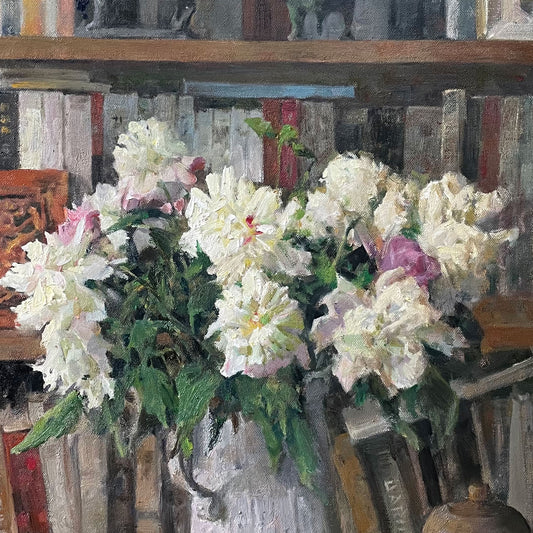 Original Floral Still Life Oil Painting – Flowers with Bookshelf Interior Wall Art