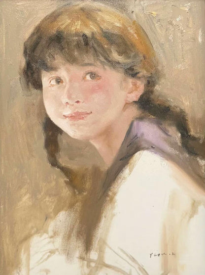 A Quiet Look – Original Portrait Oil Painting of a Young Girl by Yang Huaxi