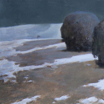 Winter Field with Snow and Hay Rolls | Original Landscape Oil Painting