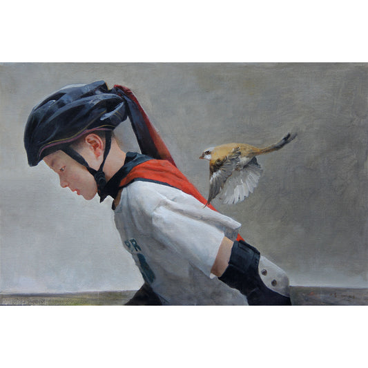 Child in Motion with Bird | Original Figurative Oil Painting