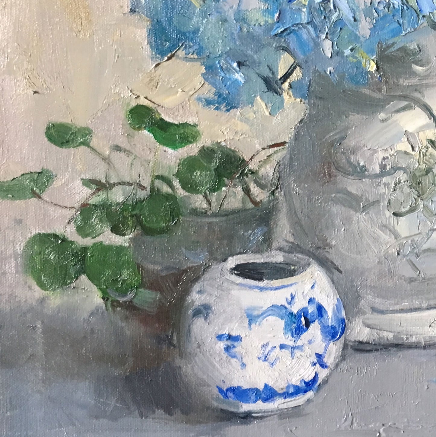Blue Hydrangeas with Blue Lantern | Original Floral Still Life Oil Painting