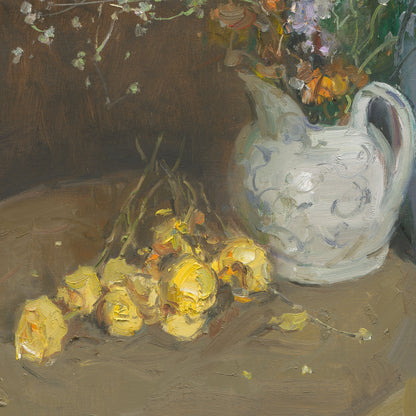Flowers and Yellow Fruit on Table | Original Oil Painting