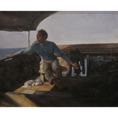Seated Man in a Boat Cabin | Original Figurative Oil Painting