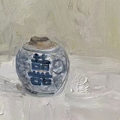 Still Life with Blue Flowers and Porcelain Jar | Original Oil Painting