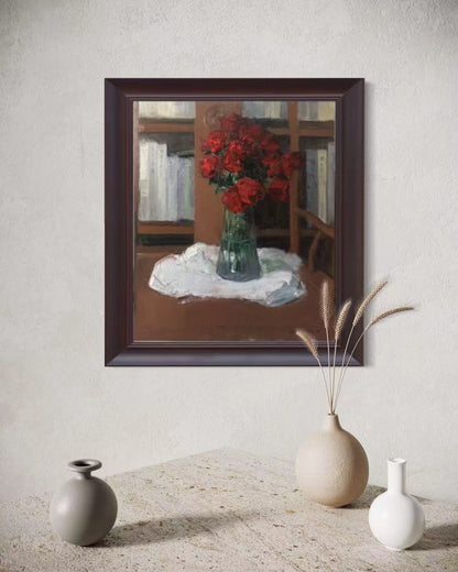 Red Roses by the Bookshelf