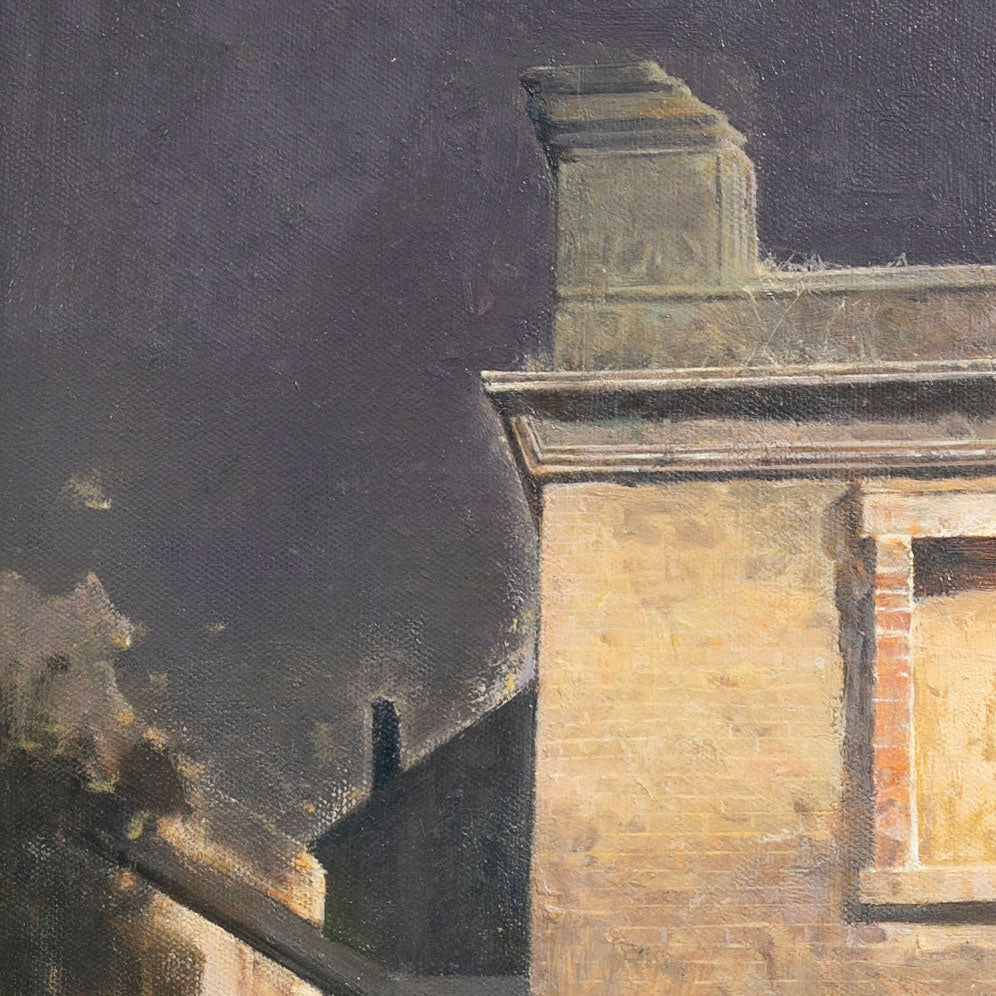 Original Oil Painting of Sunlit Building – Architectural Light and Shadow Wall Art