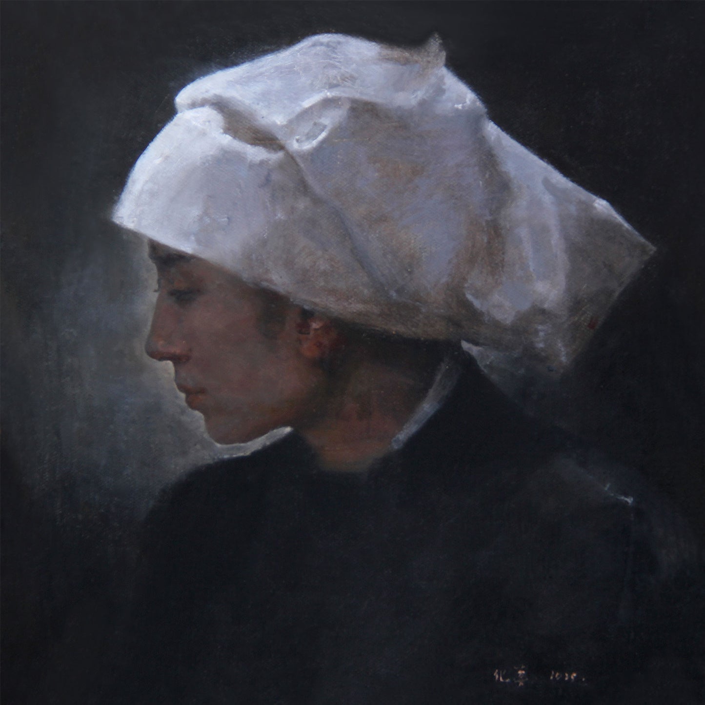 Woman in White Headscarf | Original Figurative Oil Painting