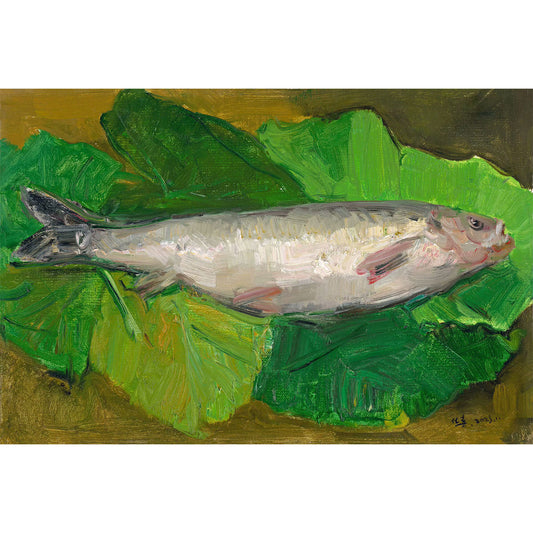 Silver Fish on Green Leaves | Original Still Life Oil Painting