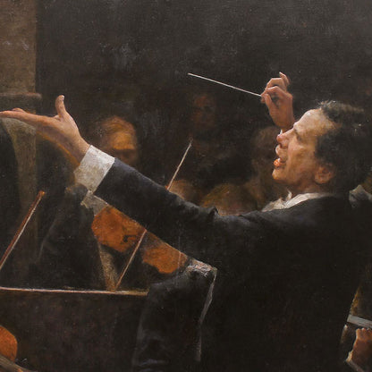 Original Orchestra Oil Painting – Conductor and Musicians Figurative Wall Art