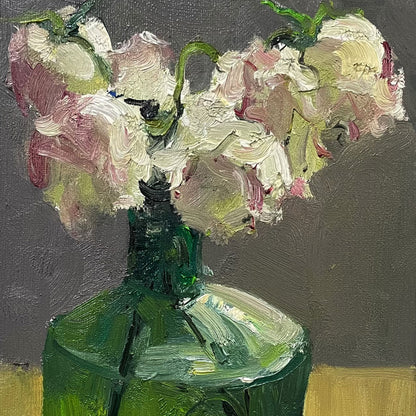 Soft Pink Flowers in Green Glass Bottle | Original Oil Painting