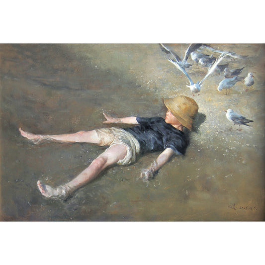 Boy on the Beach with Seagulls | Original Figurative Oil Painting
