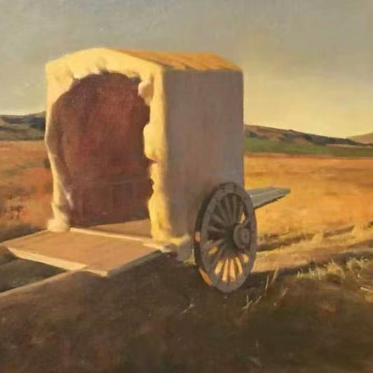 Original Oil Painting of a Wagon in Golden Fields – Rustic Landscape Wall Art