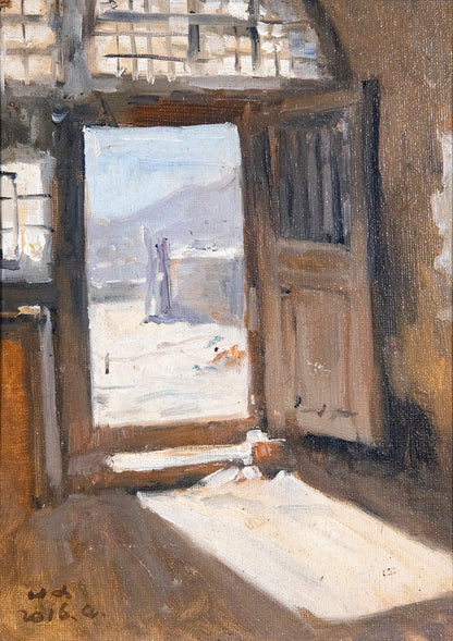 Original Oil Painting of a Sunlit Doorway – Interior Landscape Wall Art