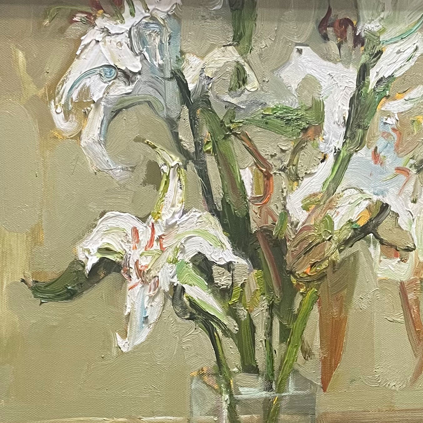 Lily Still Life Oil Painting | White Lilies in Glass Vase