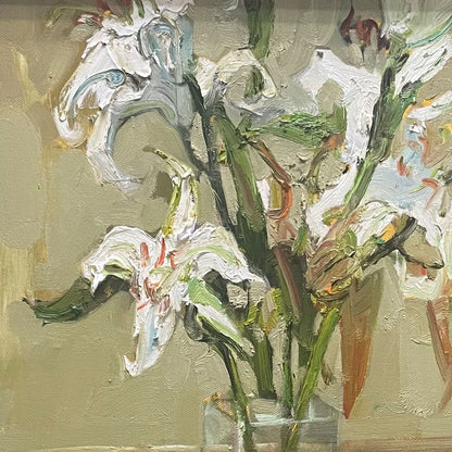 Lily Still Life Oil Painting | White Lilies in Glass Vase