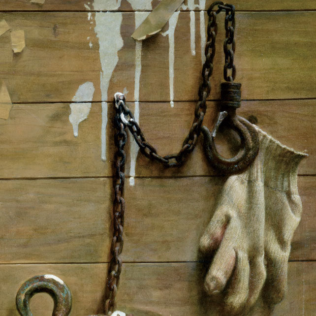 Original Still Life Oil Painting of Gloves and Chain – Industrial Wall Art