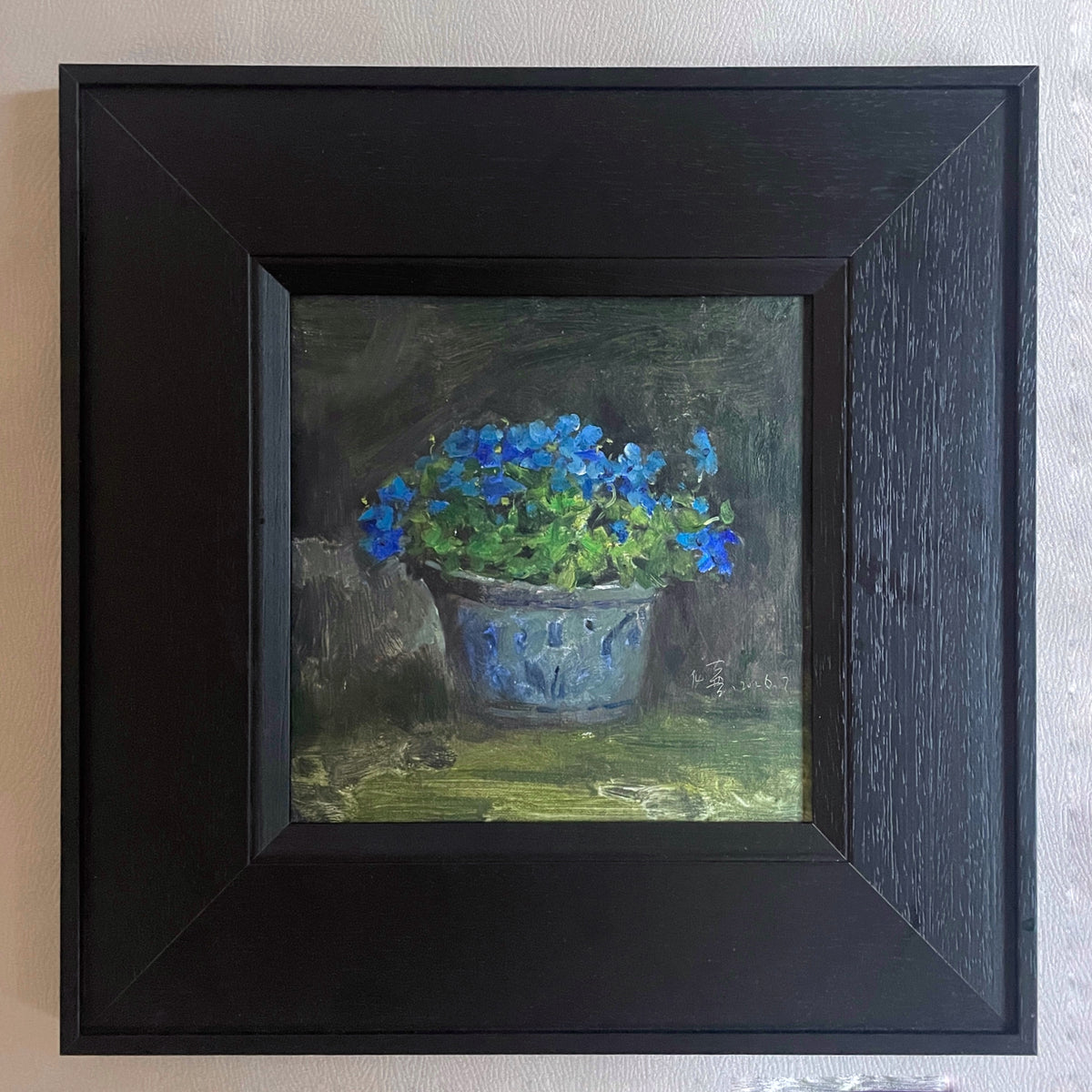 Blue Flowers in a Ceramic Pot – Original Floral Oil Painting