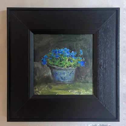 Blue Flowers in a Ceramic Pot – Original Floral Oil Painting