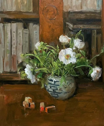 floral still life oil painting with white flowers porcelain vase and bookshelf background