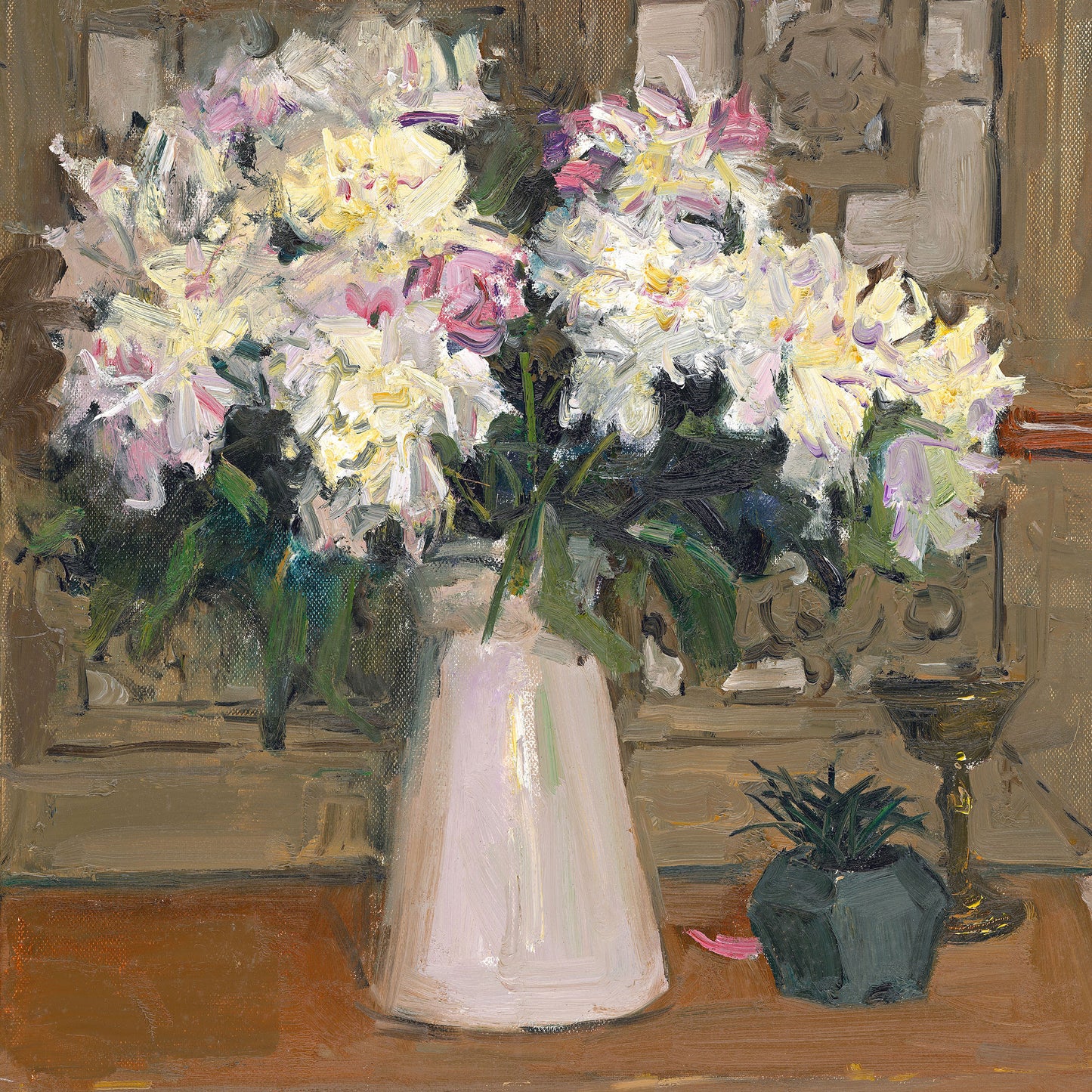 Original Floral Still Life Oil Painting – Flowers in Vase Interior Wall Art