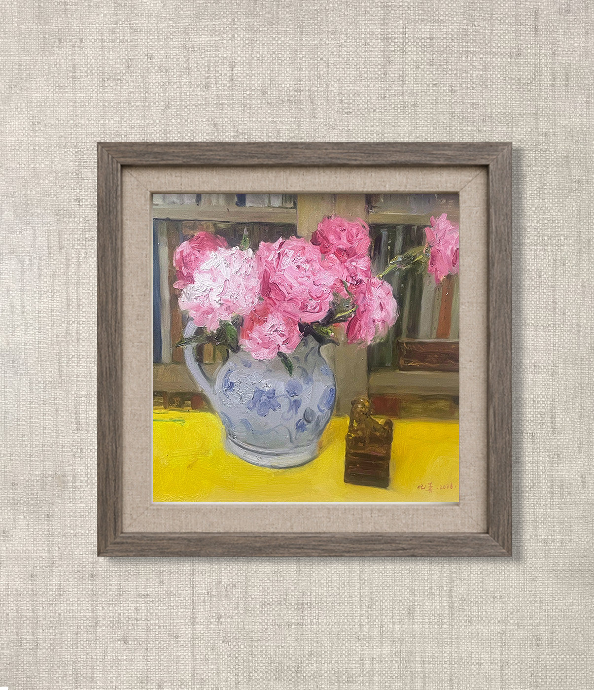 Original Oil Painting of Pink Peonies and Blue-and-White Vase