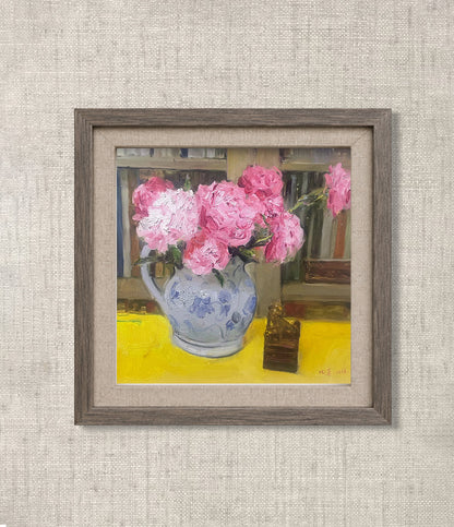 Original Oil Painting of Pink Peonies and Blue-and-White Vase