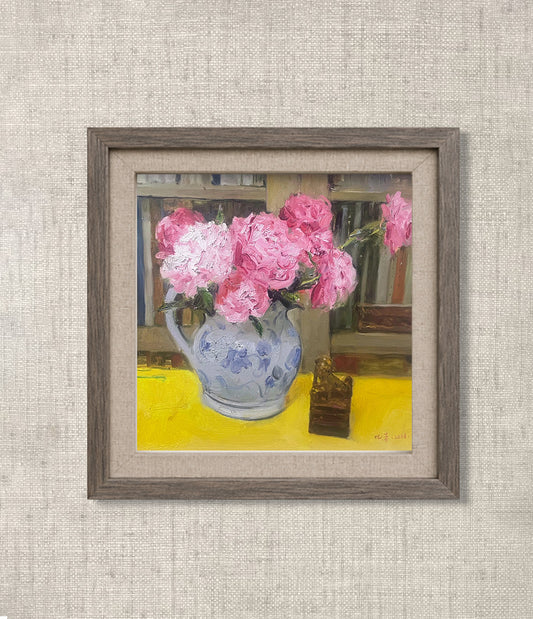 Original Oil Painting of Pink Peonies and Blue-and-White Vase