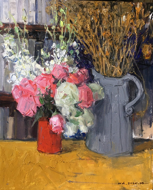 Pink and White Flowers with Gray Pitcher | Original Floral Still Life Oil Painting