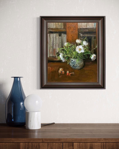 Original Floral Still Life Oil Painting – White Flowers and Bookshelf Interior Art